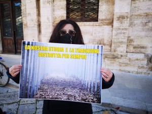 Serena Perrone ha esposto in piazza uno striscione poco prima dell'inizio del Consiglio Comunale